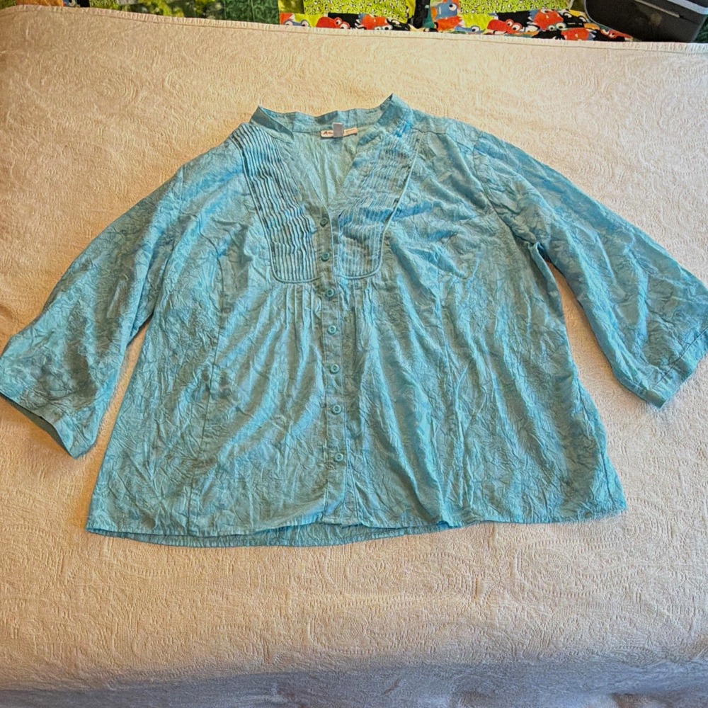 JM Collection Women Plus 24W Blue Floral Woven V-Neck 3/4 Sleeve Button Blouse